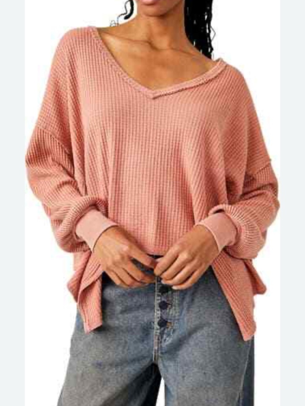 Free People We The Free Coraline Thermal Relaxed Waffle Knit Long Sleeved Top